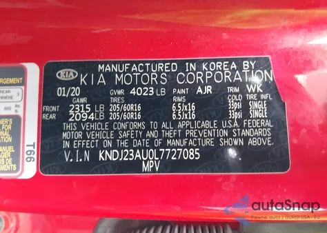 2020 Kia Soul Lx z USA, uszkodzony, nr VIN KNDJ23AU0L7727085